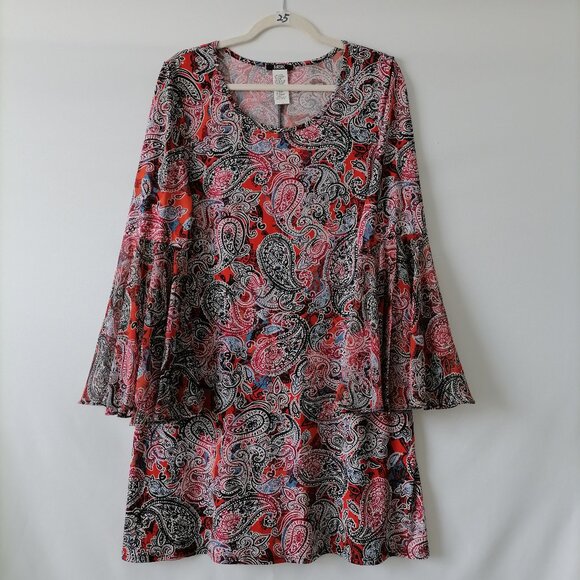 MSK Womens Red & Black Bell Sleeve Paisley Print A-Line Dress Size Large - Picture 1 of 5